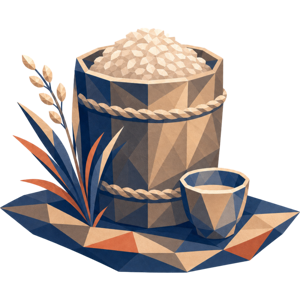 Sake homebrewing icon — rice bucket and sake bottle illustration