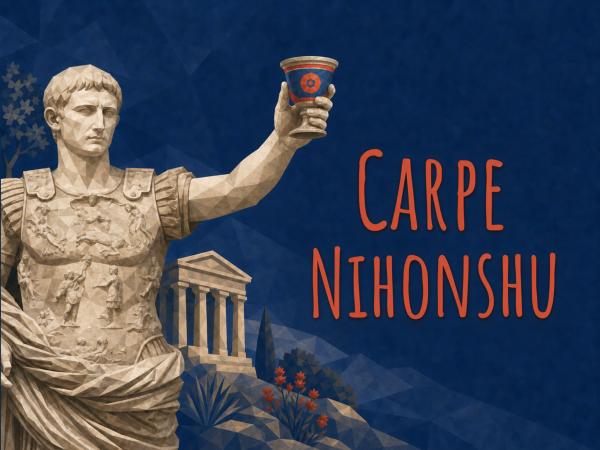 Illustration of a Roman emperor statue raising a cup in a toast, with the text 'Carpe Nihonshu'