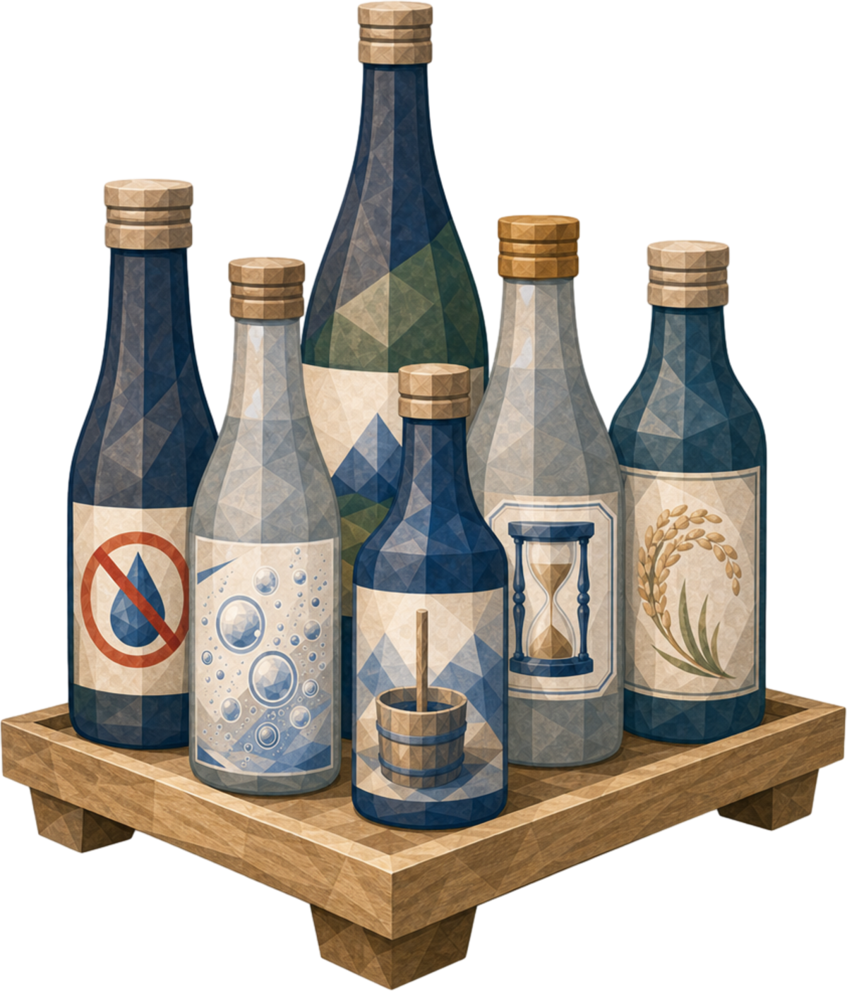 Hexagon diagram of six sake styles: unpasteurized, sparkling, aged, undiluted, old school, and cloudy, each paired with a simple icon