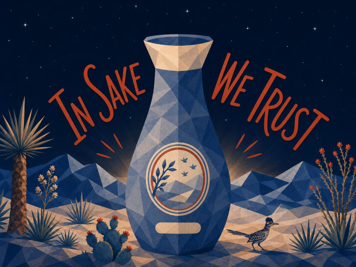 Illustration of a giant sake bottle reading 'In Sake We Trust' amid Texas Hill Country desert plants and a roadrunner, under a starry night sky