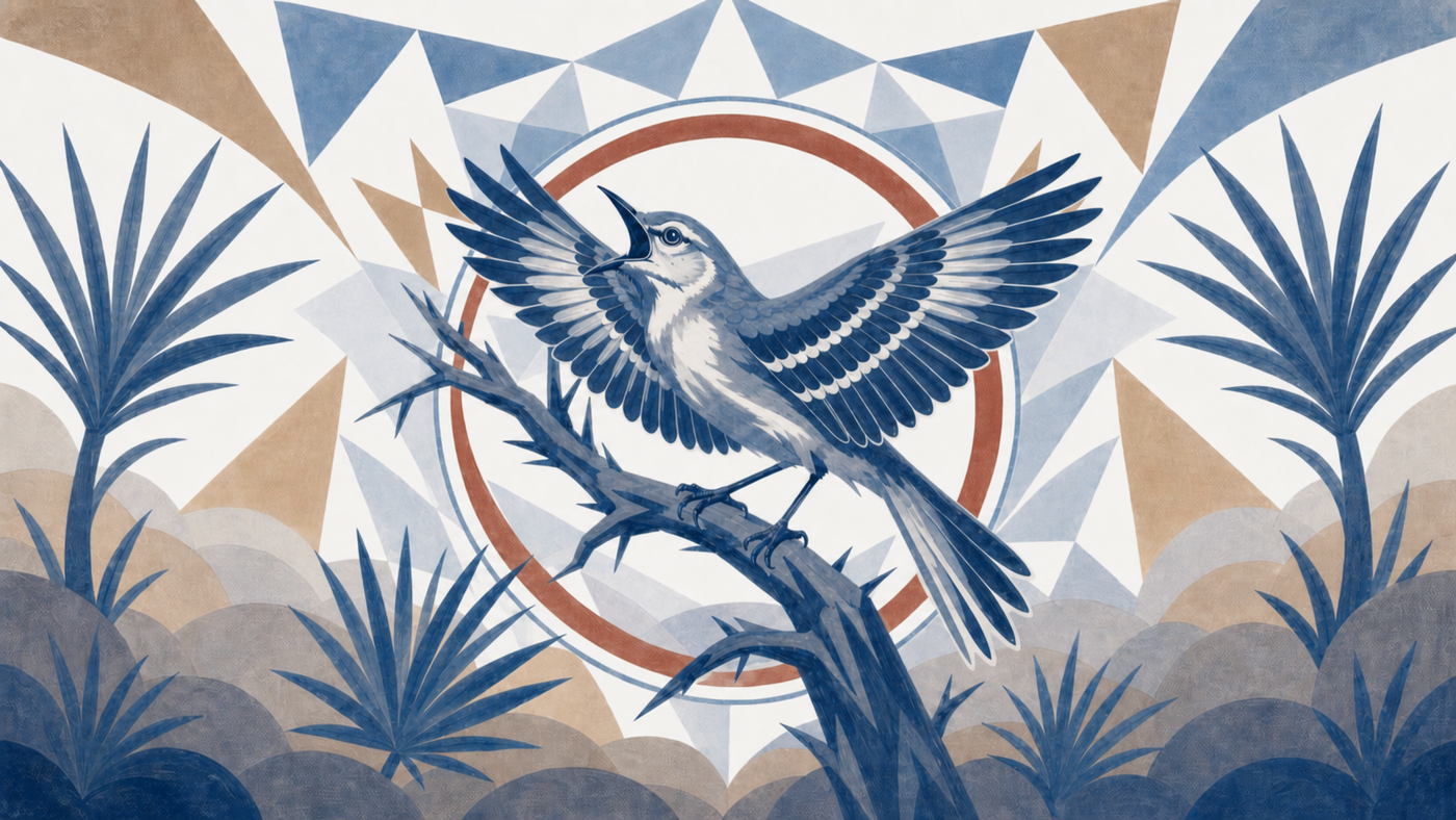 Mockingbird Sake brand illustration — mockingbird with wings spread on a thorny branch against geometric sand and blue landscape