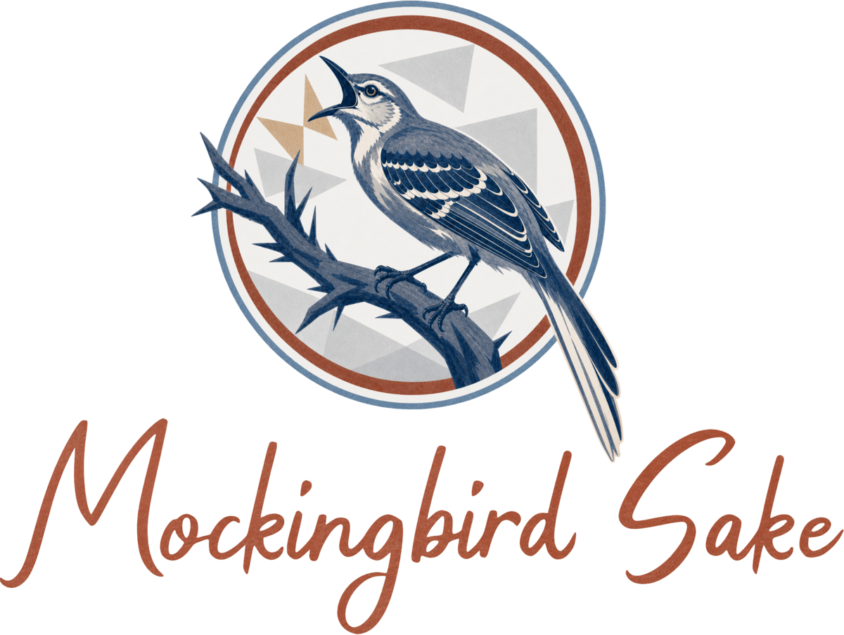 Mockingbird Sake logo — a northern mockingbird perched on a branch within an Art Deco circular frame, with the Mockingbird Sake wordmark below