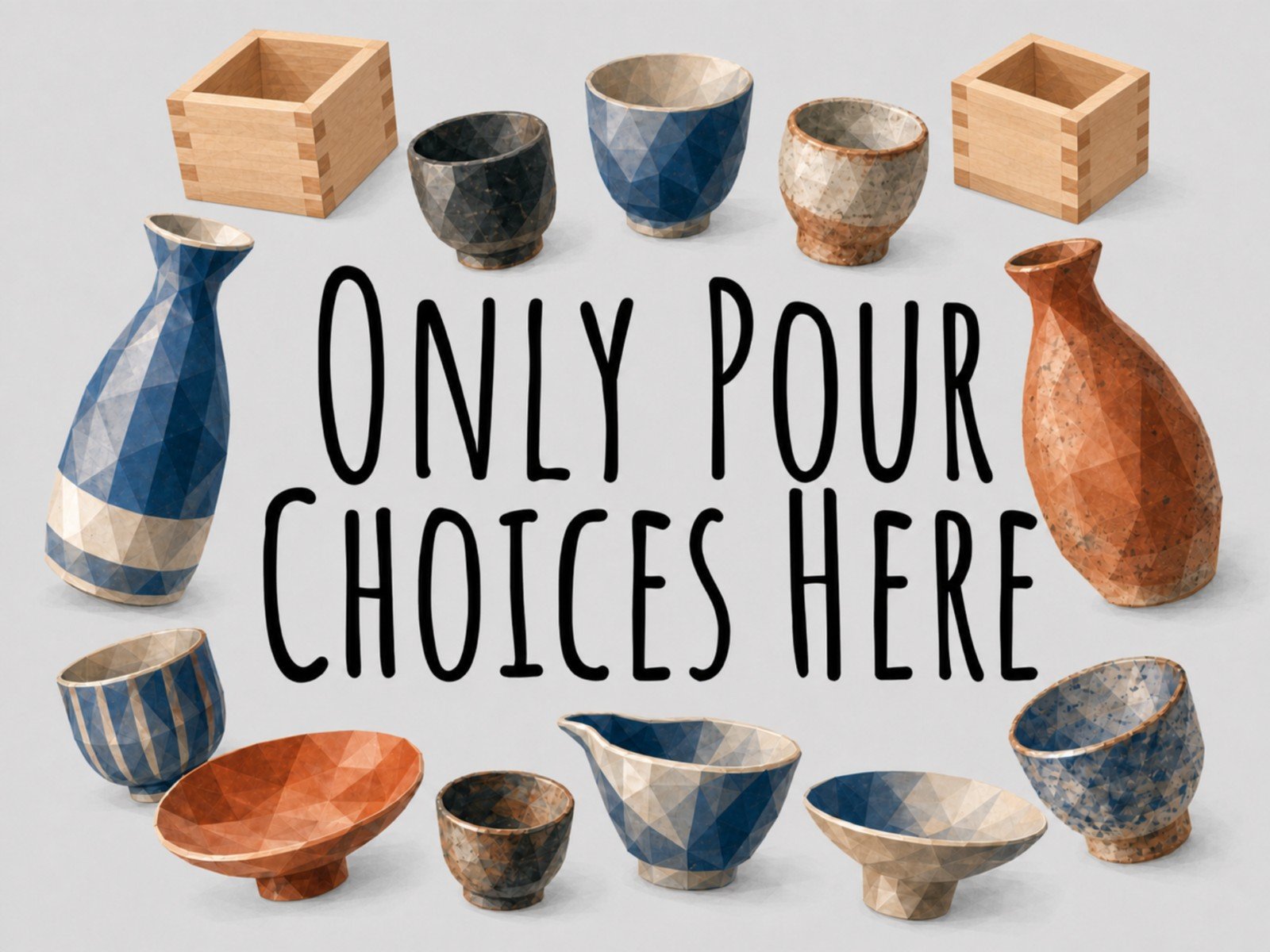 Illustration of an assortment of sake cups, flasks, and vessels arranged in a grid, with the text 'Only Pour Choices Here'