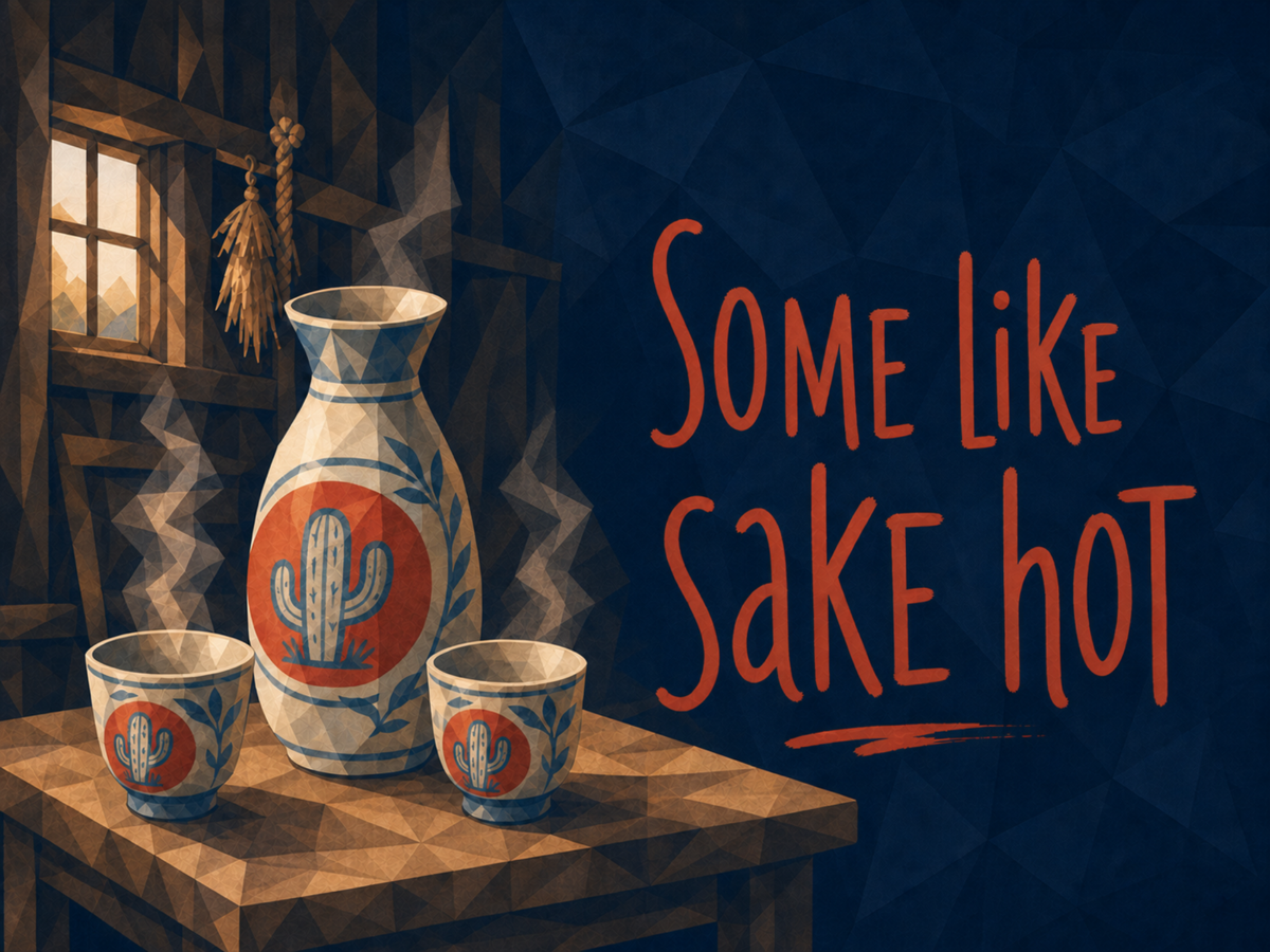 Illustration of steaming sake in an orange tokkuri and cups on a wooden table at night, with the text 'Some Like Sake Hot'