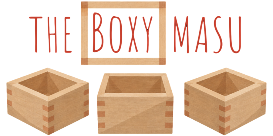 Illustration of several wooden masu sake boxes shown open and assembled, with the text 'The Boxy Masu'