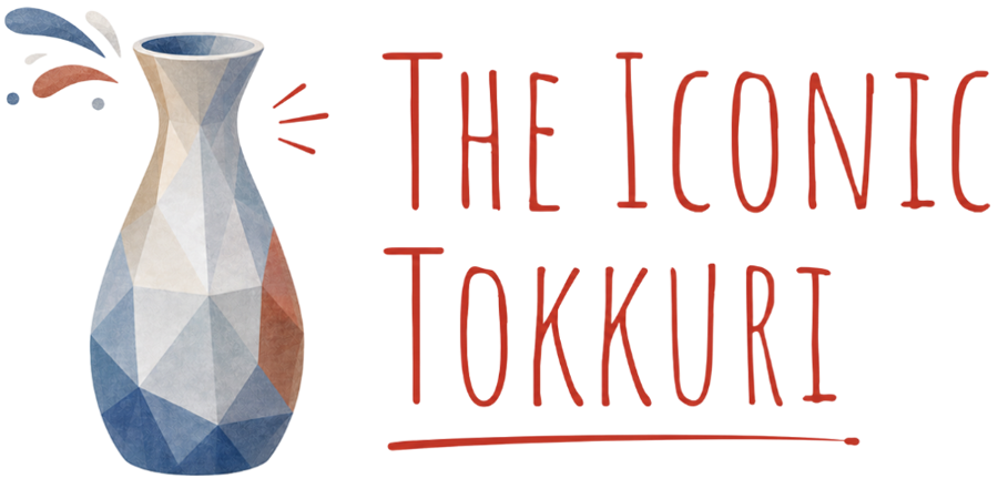 Illustration of several narrow-necked ceramic tokkuri sake flasks, with the text 'The Iconic Tokkuri'