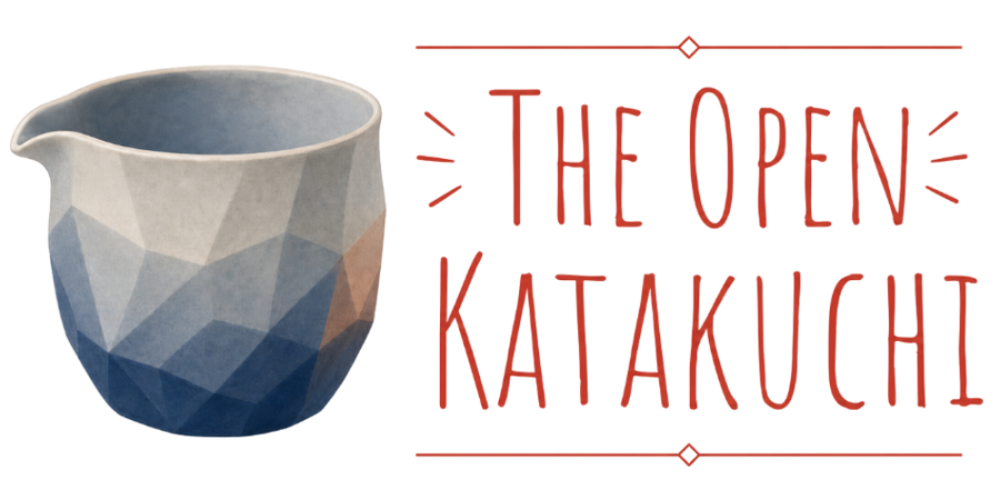 Illustration of several small open-topped ceramic katakuchi pitchers, with the text 'The Open Katakuchi'