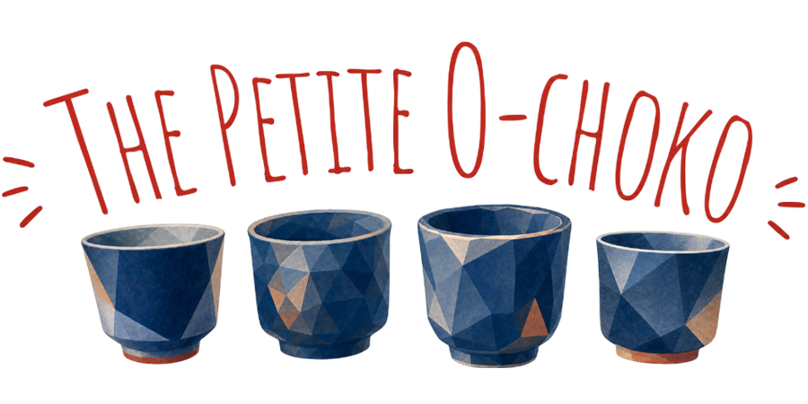 Illustration of several white and blue ceramic o-choko sake cups in varied glazes, with the text 'The Petite O-choko'