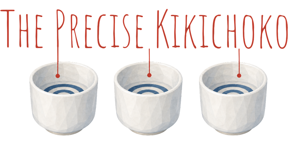 Illustration of several white porcelain kikichoko tasting cups with concentric blue rings, with the text 'The Precise Kikichoko'