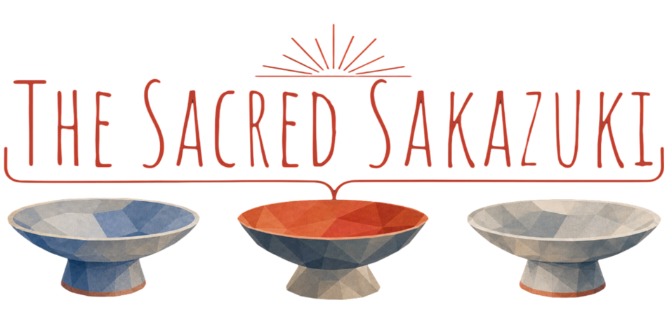Illustration of several flat, wide ceremonial sakazuki sake cups, with the text 'The Sacred Sakazuki'