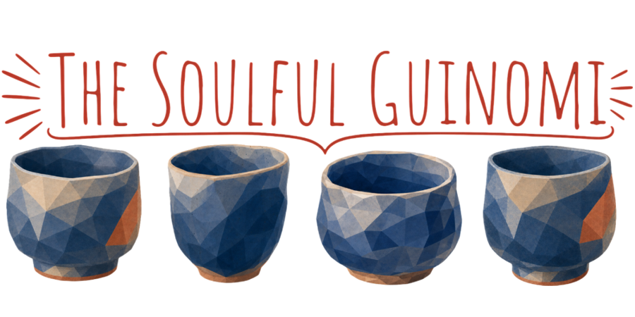 Illustration of several handmade ceramic guinomi sake cups in varied glazes, with the text 'The Soulful Guinomi'