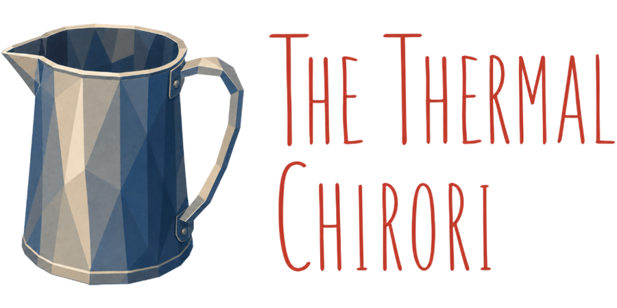 Illustration of several small metal chirori pitchers used for warming sake, with the text 'The Thermal Chirori'