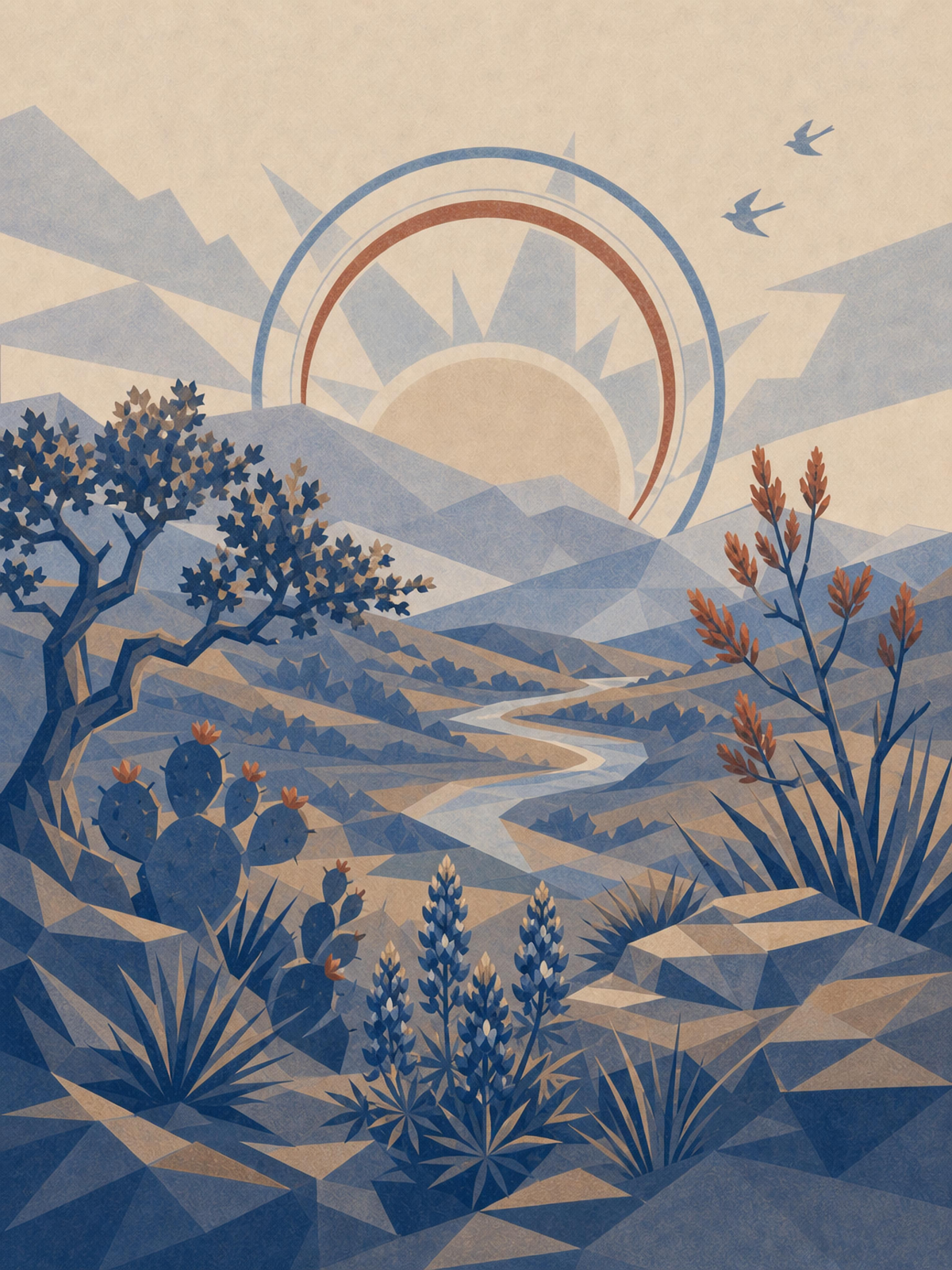 Decorative illustration of a mockingbird over the Texas Hill Country