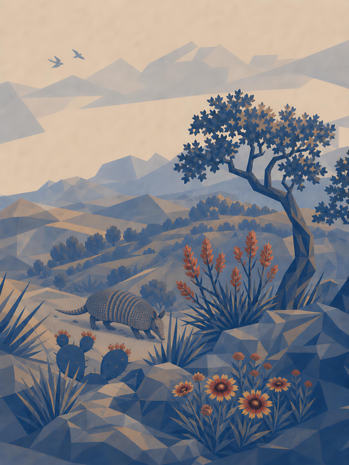 Decorative illustration of a Texas armadillo in a landscape