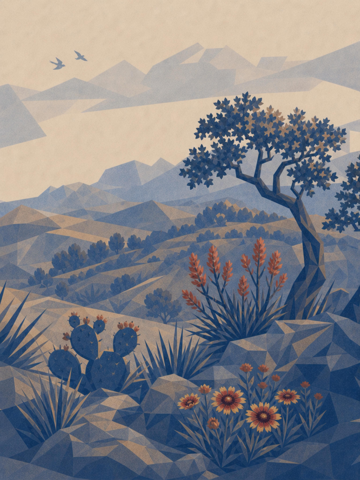 Decorative illustration of Texas wildflowers and landscape