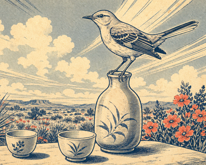 stylized mockingbird on sake tokkuri flask in front of texas landscape